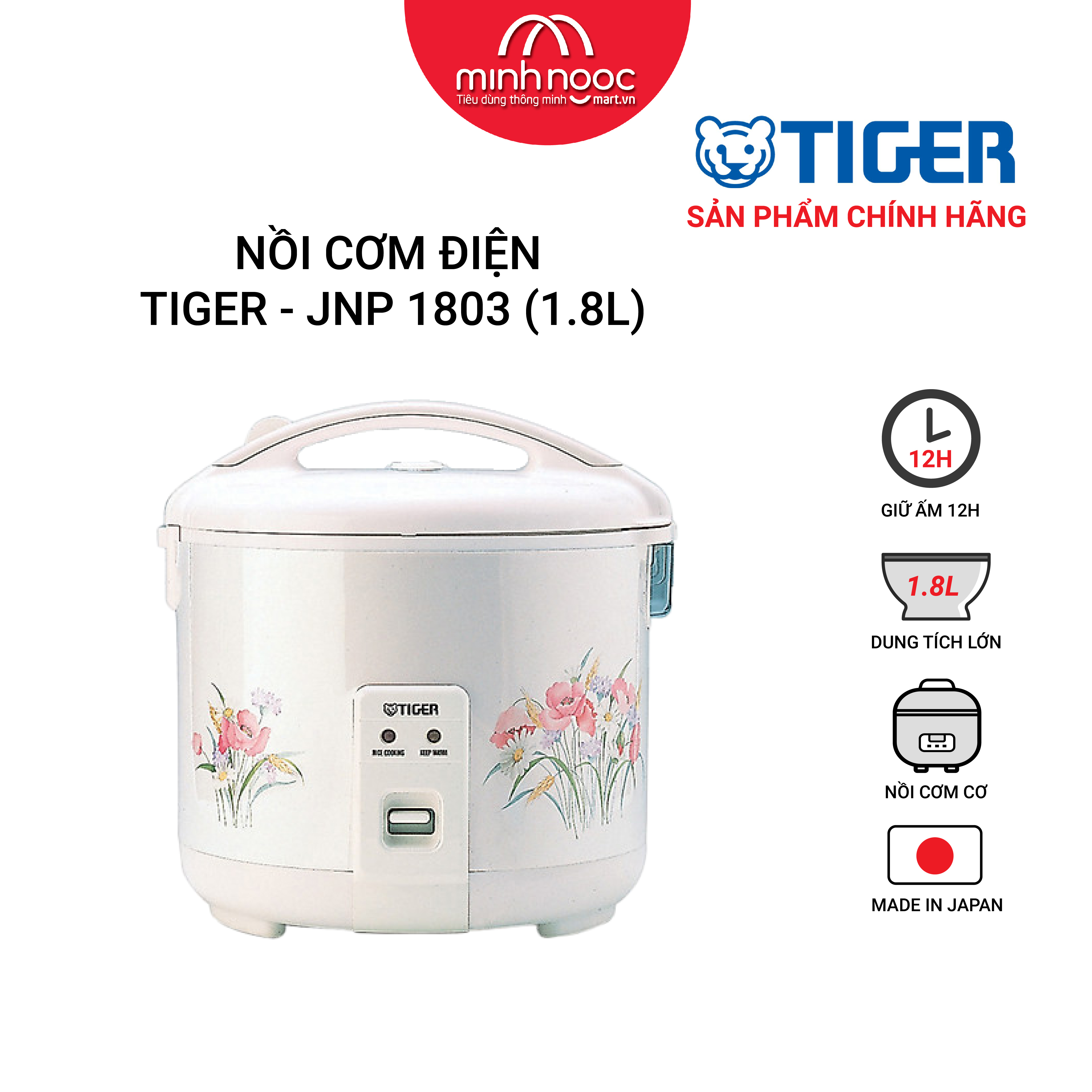HÀNG CHÍNH HÃNG: Nồi cơm điện Tiger dung tích 1.8l JNP - 1803 MADE IN JAPAN màu hồng