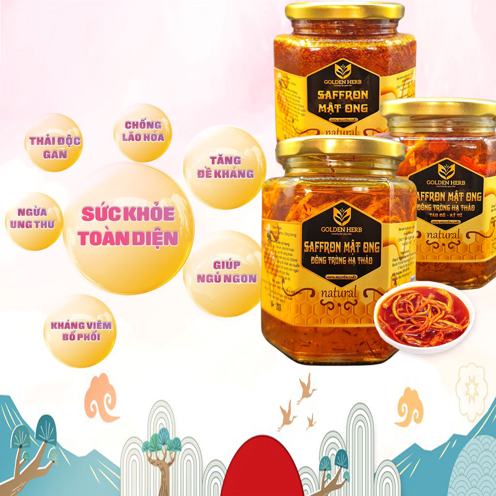 Mật Ong Saffron Đông Trùng Hạ Thảo Táo đỏ Kỷ tử 180ml/lọ Golden Herb