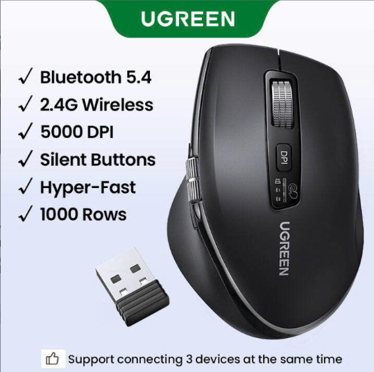 Chuột không dây Ugreen 45792 Bluetooth 5.4 & Wireless 2.4GHz 5000DPI 5 cấp độ - Hàng chính hãng