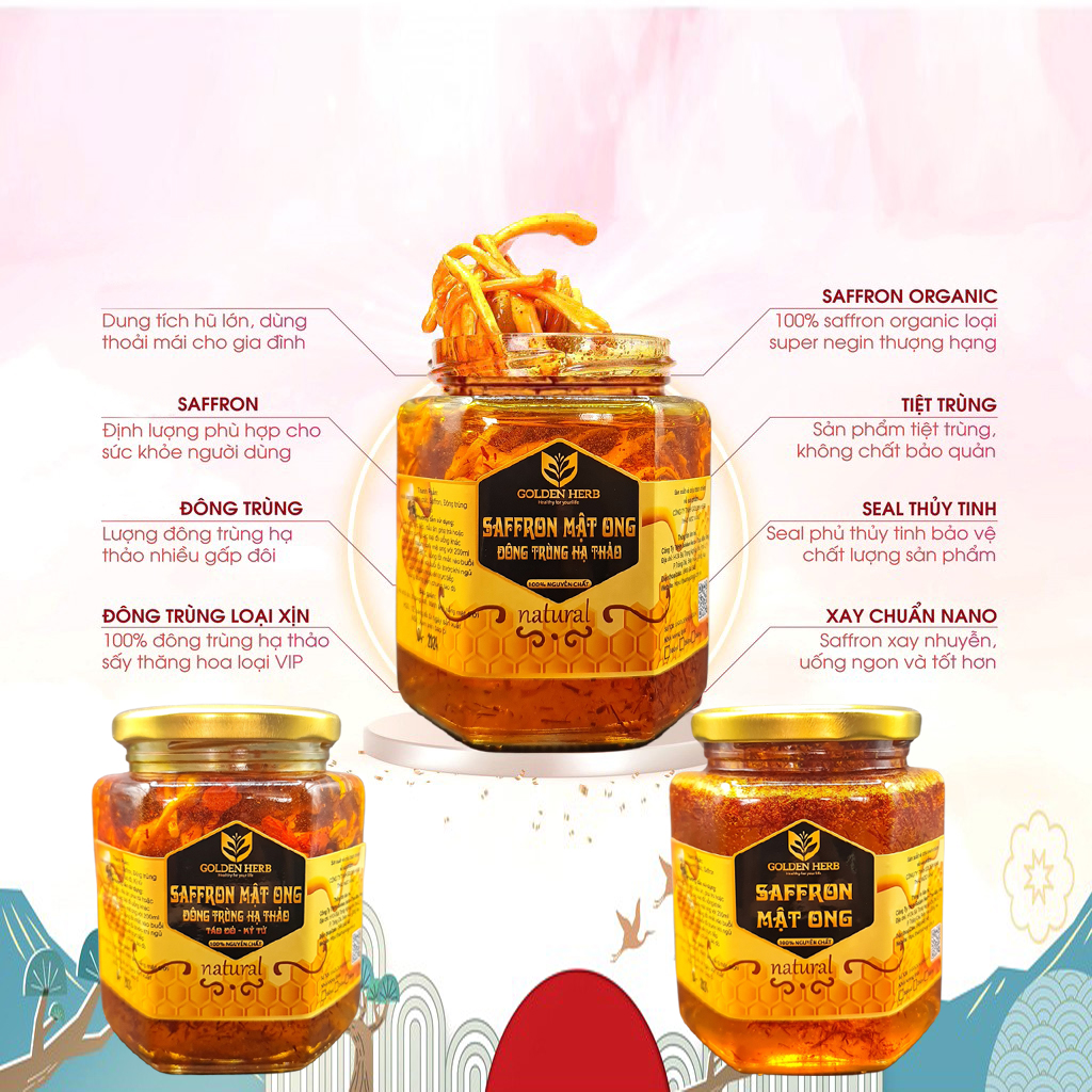Mật Ong Saffron Đông Trùng Hạ Thảo Táo đỏ Kỷ tử 180ml/lọ Golden Herb