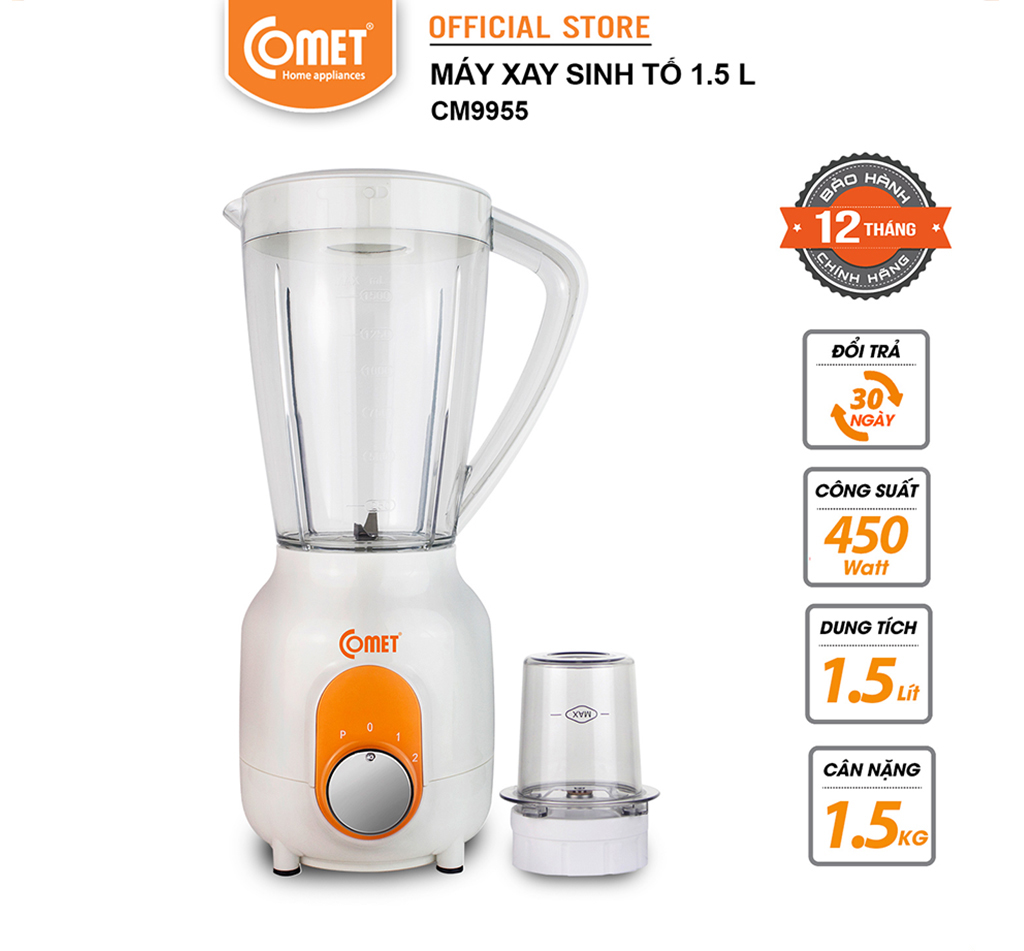 Máy xay sinh tố Comet CM9955 – 2 cối nhựa kháng vỡ, dung tích 1.5L – Công suất 450W, lưỡi dao thép không gỉ – Hàng chính hãng, bảo hành 1 năm