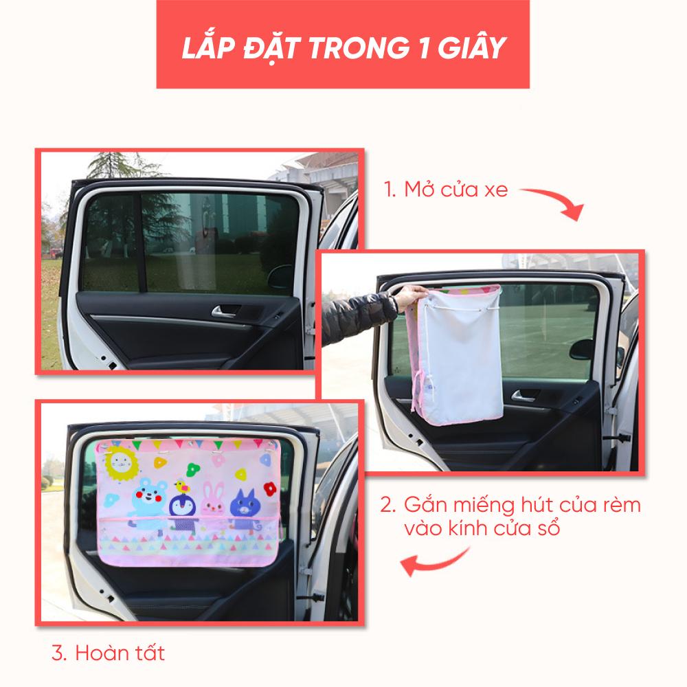 Rèm Vải Che Nắng Ô Tô Hàn Quốc Phối Hình Dễ Thương Có Gắc Hút