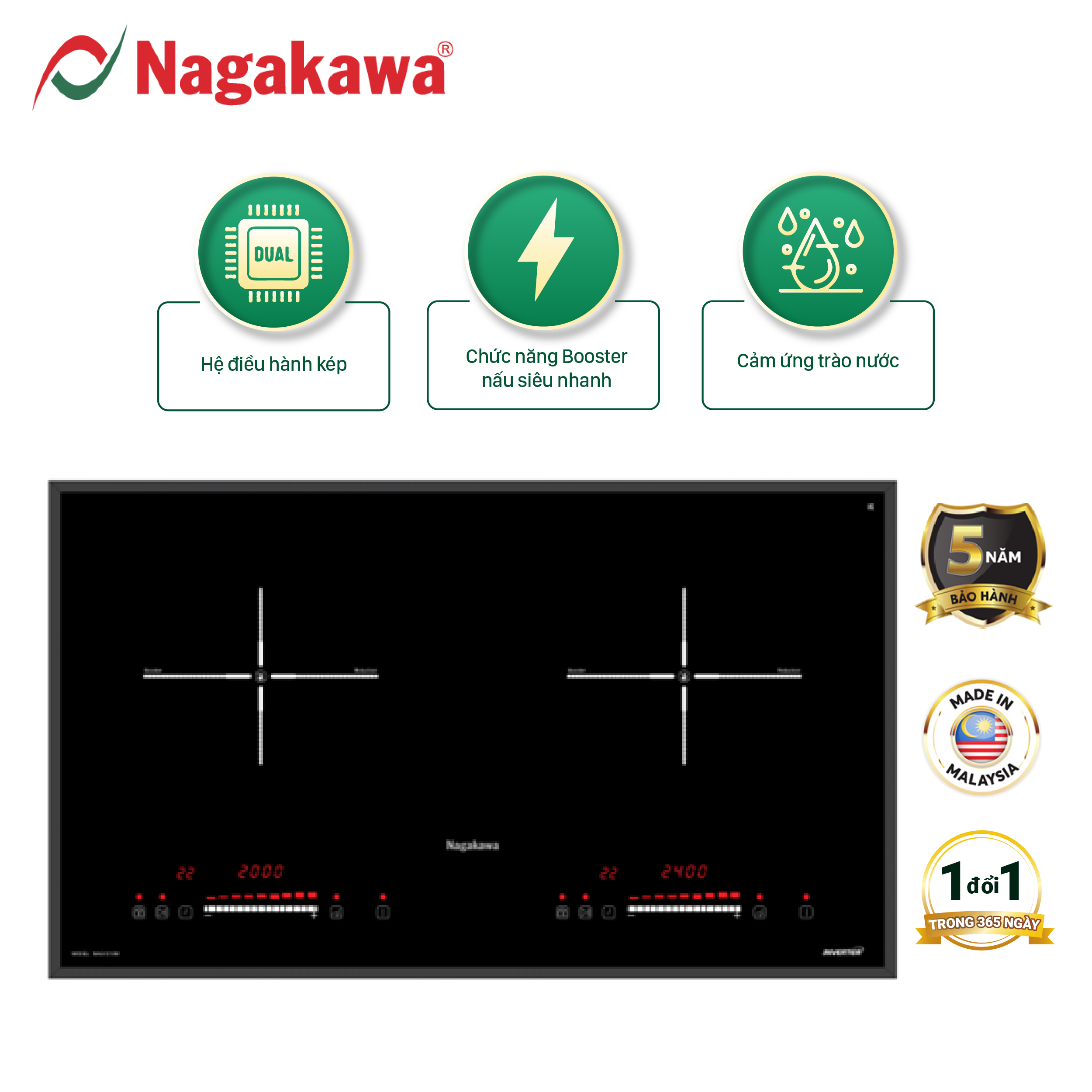Miễn phí giao lắp toàn quốc - Bếp Đôi Điện Từ Inverter Nagakawa NAG1202M - Bảo hành 5 năm - Made in Malaysia - Hàng Chính Hãng