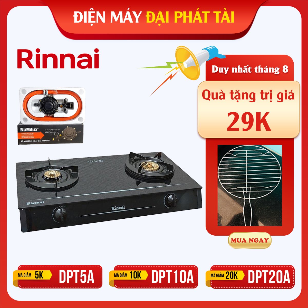 Bếp Gas Dương Đôi Rinnai RV-6 Double Glass(B) Tặng kèm 1 bộ van và dây gas- Hàng chính hãng