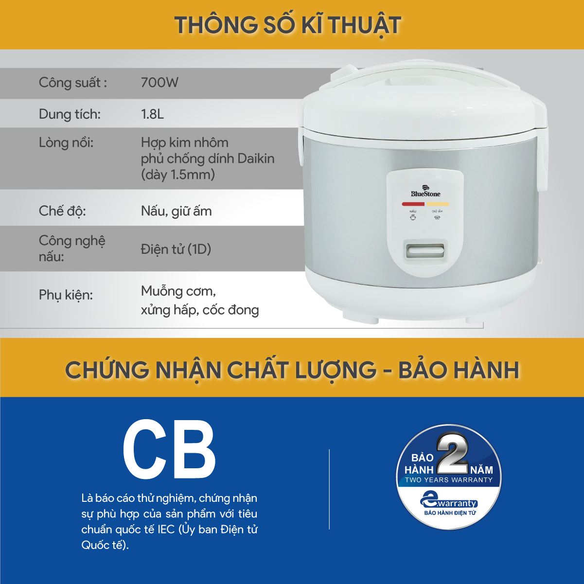 Nồi Cơm Điện Nắp Gài BlueStone RCB-5527 1.8 Lít 700W - Hàng Chính Hãng