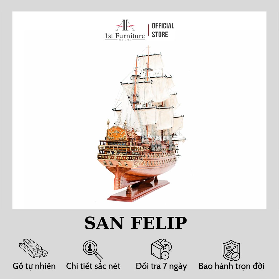 Mô hình Thuyền Cổ SAN FELIPE cao cấp, mô hình thuyền gỗ tự nhiên sang trọng lắp ráp sẵn 1st FURNITURE