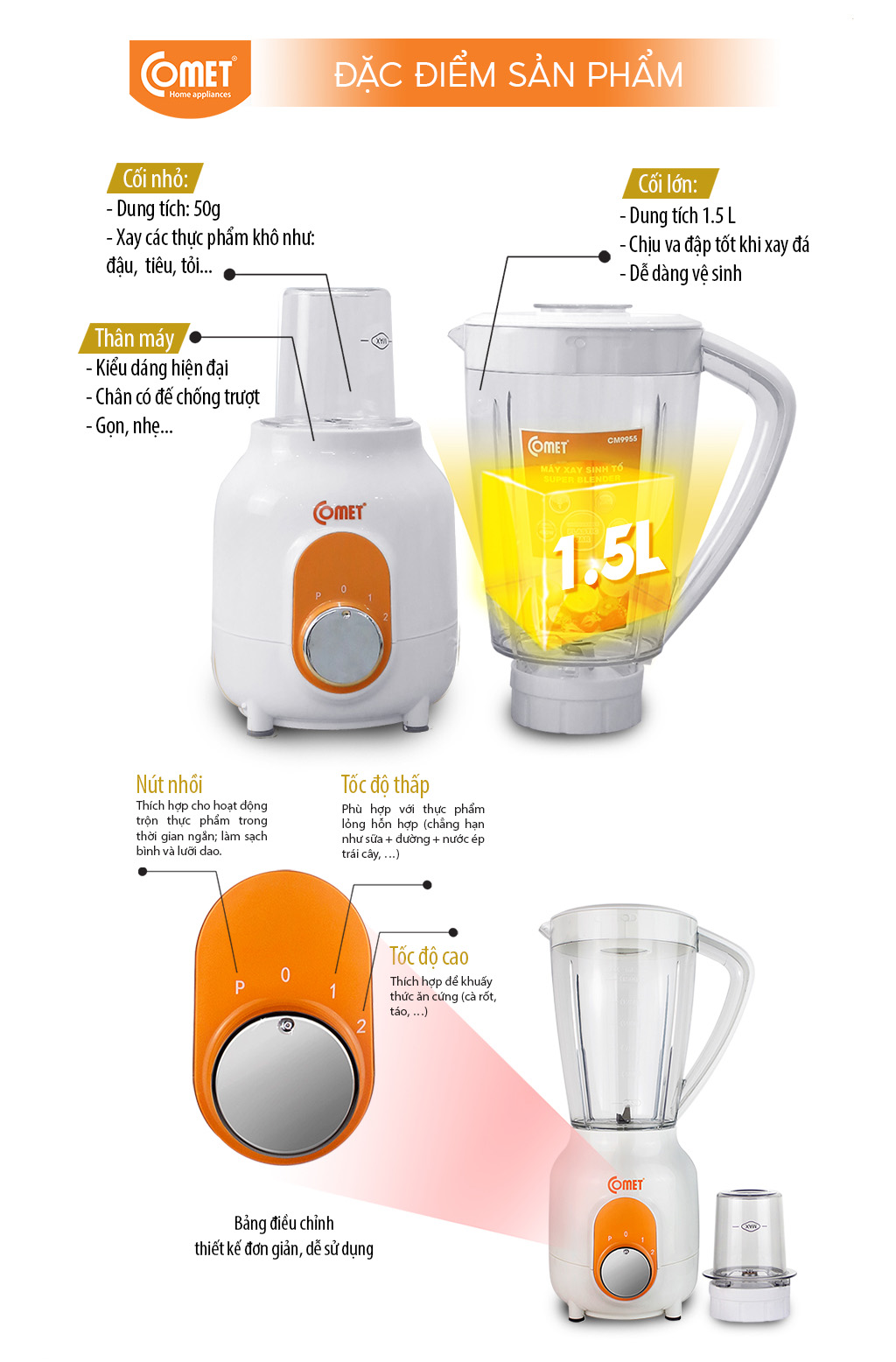 Máy xay sinh tố Comet CM9955 – 2 cối nhựa kháng vỡ, dung tích 1.5L – Công suất 450W, lưỡi dao thép không gỉ – Hàng chính hãng, bảo hành 1 năm