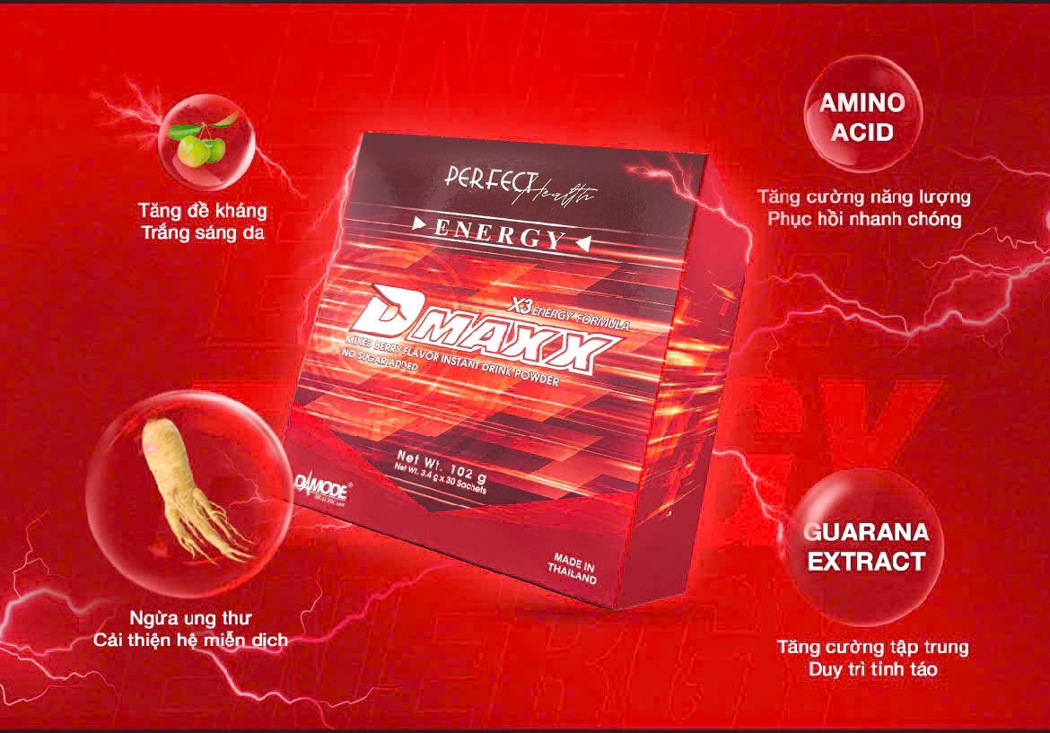 DMAXX thức uống bổ sung vitamin năng lượng không đường DAMODE 65 gói màu đỏ mỗi gói 2,2gr
