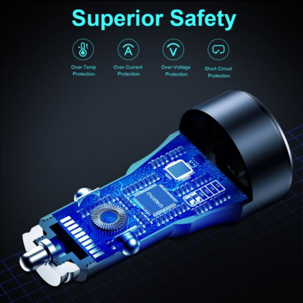 Tẩu sạc CHOETECH TC0010 nhanh ô tô PD 63W có 2 cổng ( 1 Type C+ 1 USB)- hàng chính hãng