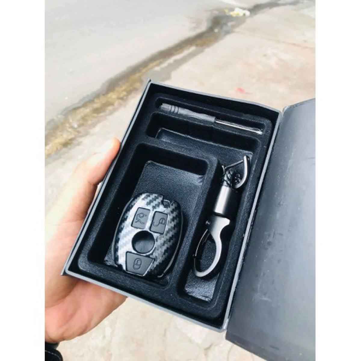 Ốp Chìa Khóa Ô Tô Cacbon, Kèm Móc Treo Inox Cho Xe Ô Tô Mercedes-BENZ