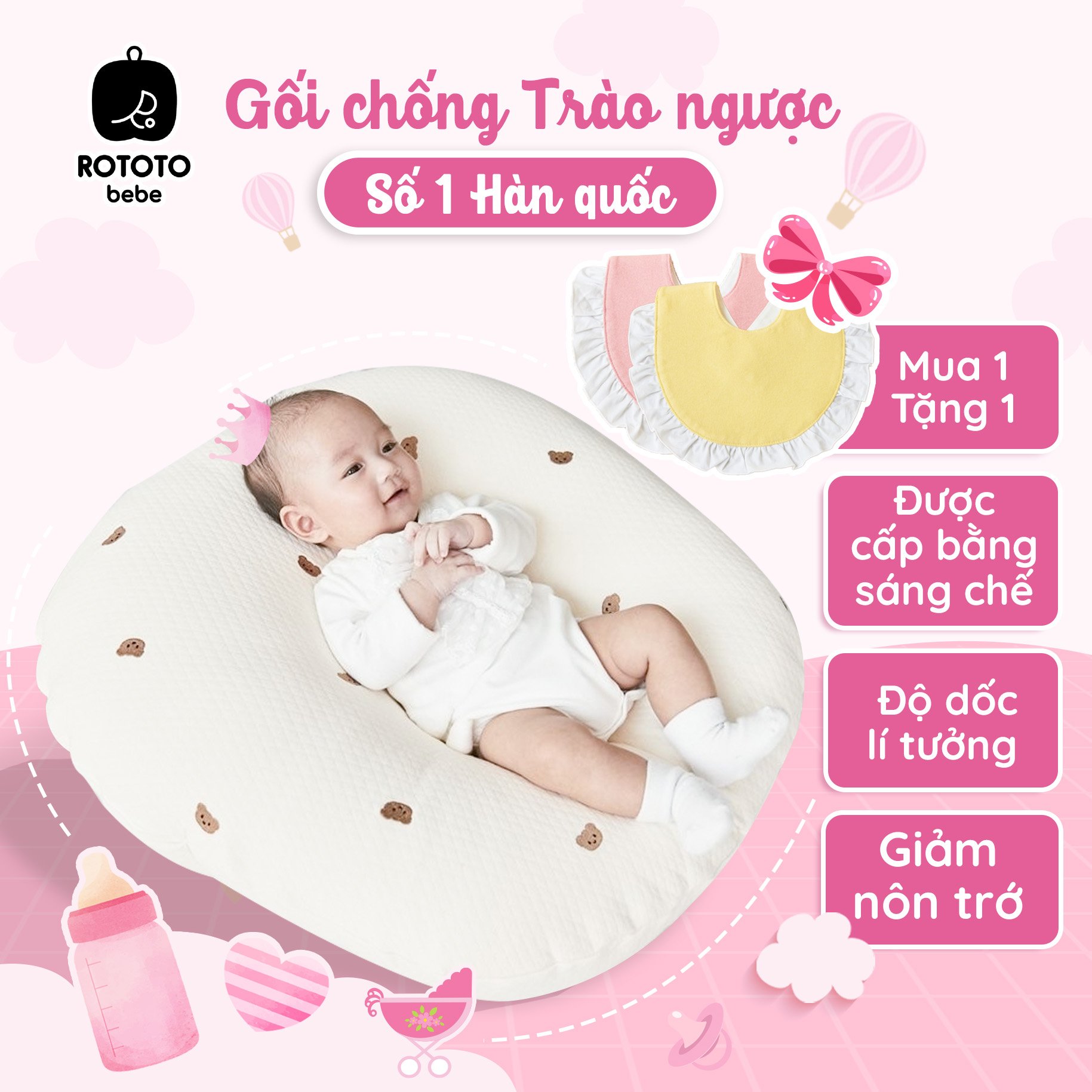 Gối chống trào ngược cho bé Rototo Bebe cao cấp nhập khẩu - Loại ripple thiết kế giấu khóa
