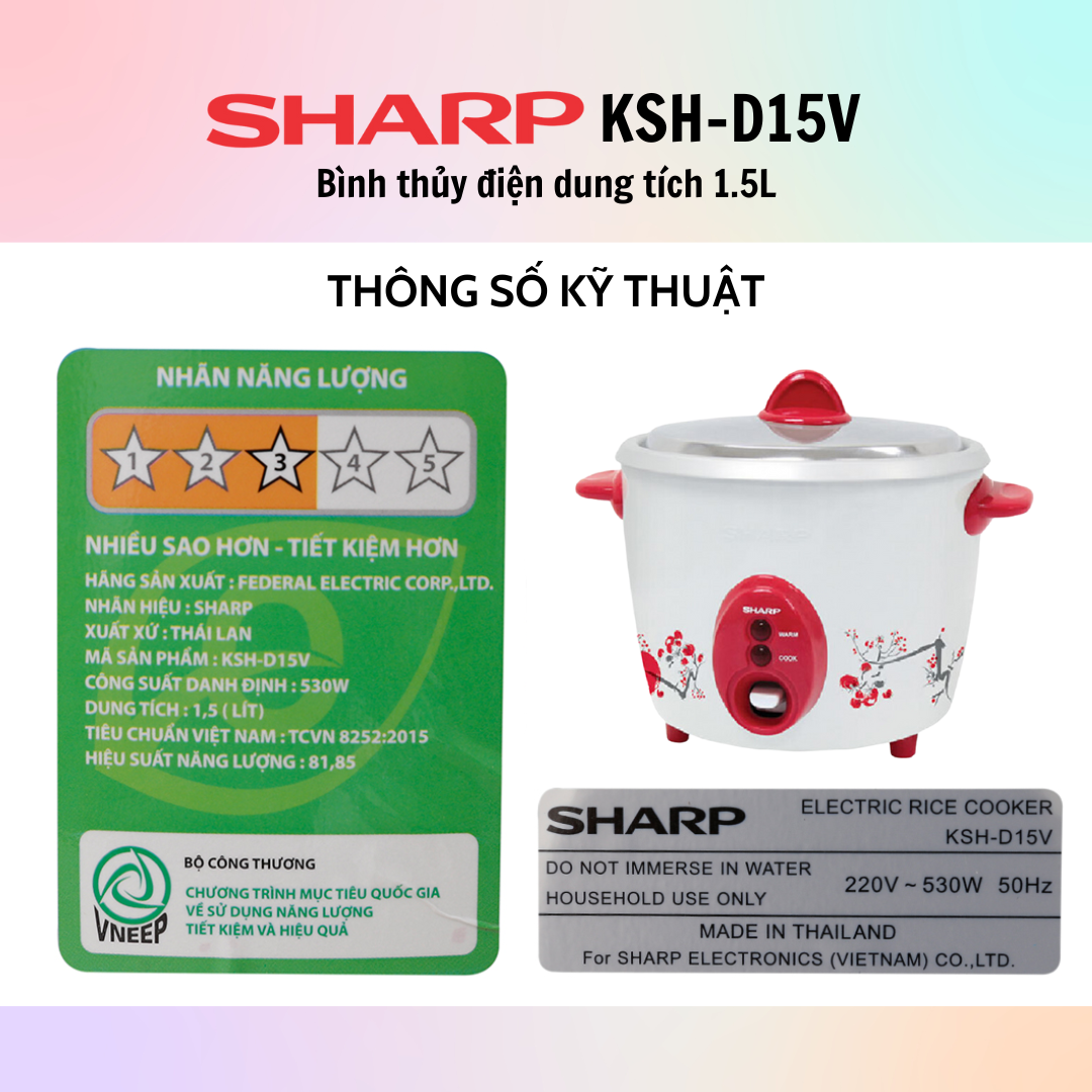 Nồi Cơm Điện Nắp Rời Sharp KSH-D15V (1.5L) - Màu Ngẫu Nhiên - Hàng Chính Hãng