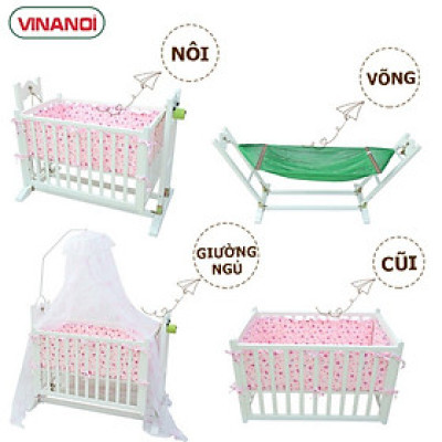 Nôi Em Bé Tự Động VINANOI-VNN301T Gỗ Thông Cao Cấp Vừa Làm Nôi Vừa Làm Võng Màu Trắng