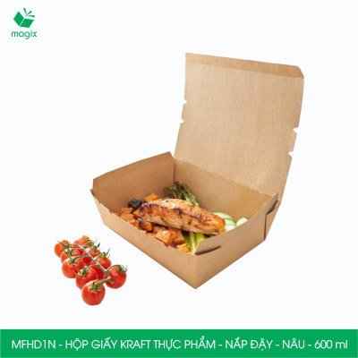 MFHD1N - Combo 25 hộp giấy kraft thực phẩm 600ml, hộp đựng thức ăn nắp đậy màu nâu, hộp gói đồ ăn mang đi