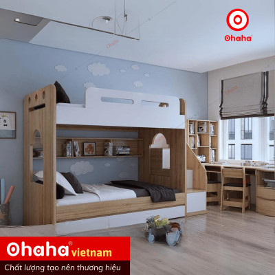 [ Miễn phí vận chuyển và lắp đặt tại TP.HCM] Giường tầng thông minh hiện đại Ohaha kèm hệ tủ mở bên hông - GTHĐ021