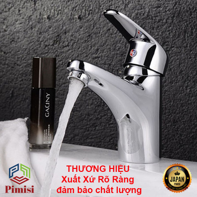 Vòi chậu rửa mặt nóng lạnh Pimisi cho chậu lavabo 1 lỗ bằng đồng thau - mạ crom, niken sáng bóng dùng trong nhà tắm - điều chỉnh nước bằng gật gù nóng lạnh gắn trên bồn chậu rửa mặt treo tường - bàn đá - mặt trên chậu rửa | Hàng chính hãng