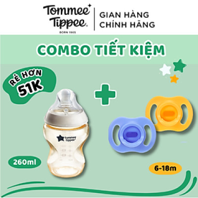 COMBO Ty Ngậm Silicon Siêu Nhẹ Tommee Tippee Ultra Light 6-18m & Bình Sữa PPSU Ty Siêu Mềm Tommee Tippee 260ml