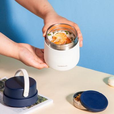 Hộp cơm giữ nhiệt Lock&Lock màu xanh navy LHC8042NVY 700ml - Hàng chính hãng, 2 ngăn kèm muỗng inox, có thể ủ cháo cho bé - JoyMall