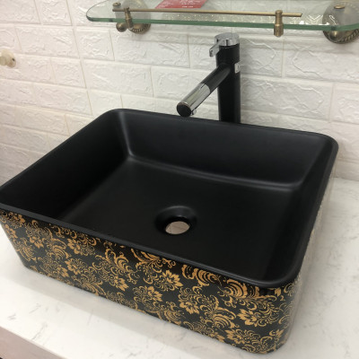 CHẬU LAVABO MEN ĐEN HOA VĂN VÀNG NHẬP KHẨU CAO CẤP CHÍNH HÃNG GRVL 8146B (CHẬU)