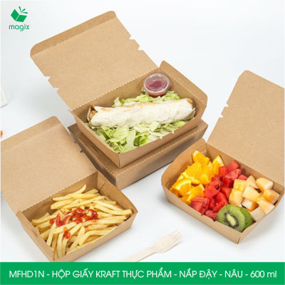 MFHD1N - Combo 100 hộp giấy kraft thực phẩm 600ml, hộp đựng thức ăn nắp đậy màu nâu, hộp gói đồ ăn mang đi