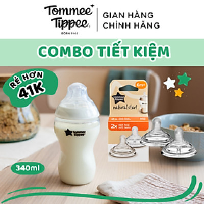 Combo Bình Sữa Tommee Tippee Natural Start Ty Siêu Mềm Tự Nhiên 340ml & Núm Ty Silicon Thay Thế 6M+
