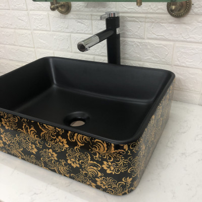 CHẬU LAVABO MEN ĐEN HOA VĂN VÀNG NHẬP KHẨU CAO CẤP CHÍNH HÃNG GRVL 8146B (CHẬU)