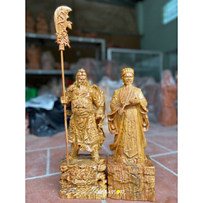 Cặp tượng văn võ song toàn ,khổng minh ( Gia cát lương ) Và quân công bằng gỗ huyết long kt cao 20cm