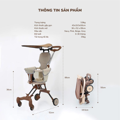 Xe đẩy cho bé, Xe đẩy gấp gọn em bé đi du lịch siêu gọn nhẹ (Tặng Kèm Đệm Ghế, Có Thể Đảo Chiều)