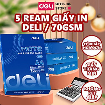 Thùng 5 Ream Giấy A4 Deli Giấy In Photo Copy 70gsm Chính Hãng Loại Dày Ream 500 Tờ Chống Lóa Giấy Mắt