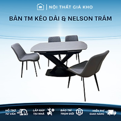 Bàn ăn thông minh mặt đá phiến xoay kéo dài kết hợp ghế nelson trám