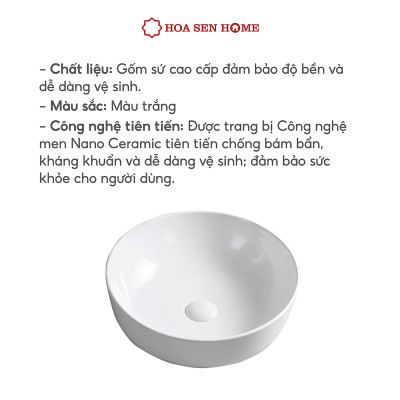 Lavabo đặt bàn TUSLO L006 chất liệu gốm sứ tráng men, lớp phủ Ceramic công nghệ men Nano kháng khuẩn - Hoa Sen Home - Hàng chính hãng