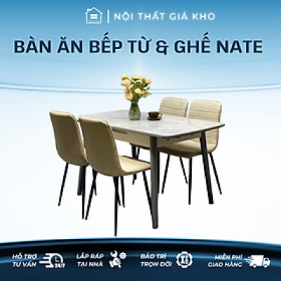Bàn ăn thông minh có bếp từ, bàn ăn mặt đá ceramic bóng kết hợp ghế Nate, Bàn ăn 4 ghế