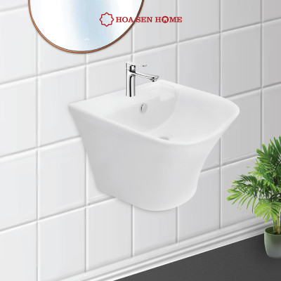 Lavabo treo tường TUSLO COCL001 liền thân, men sứ Nano cao cấp, kháng khuẩn tích hợp khay để xà bông và rãnh thoát nước, có lỗ xả tràn- Hàng chính hãng