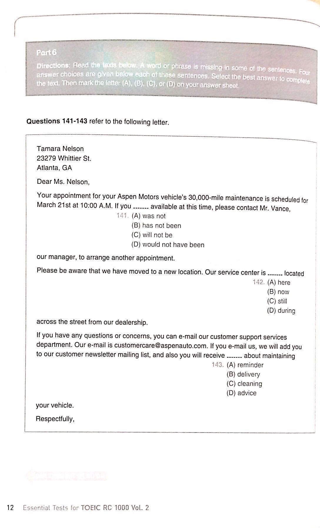 Essential Test For TOEIC RC 1000 Vol 2 (Không CD)