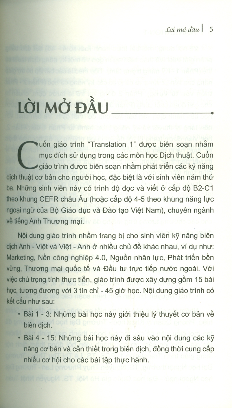 Translation 1 - Trường Đại học Ngoại Thương ; TS. Nguyễn Thị Dung Huệ chủ biên, ThS. Nguyễn Phương Linh, ThS. Lê Khánh Minh, ThS. Nguyễn Thị Lan Anh