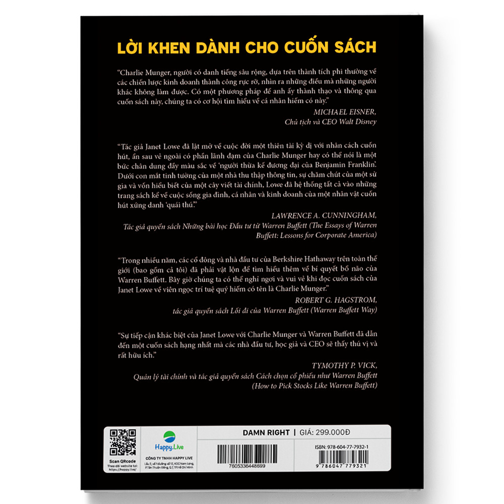 Sách Damn Right! - Vén màn bí ẩn về tỷ phú Charlie Munger cánh tay phải của Warren Buffett - Happy Live