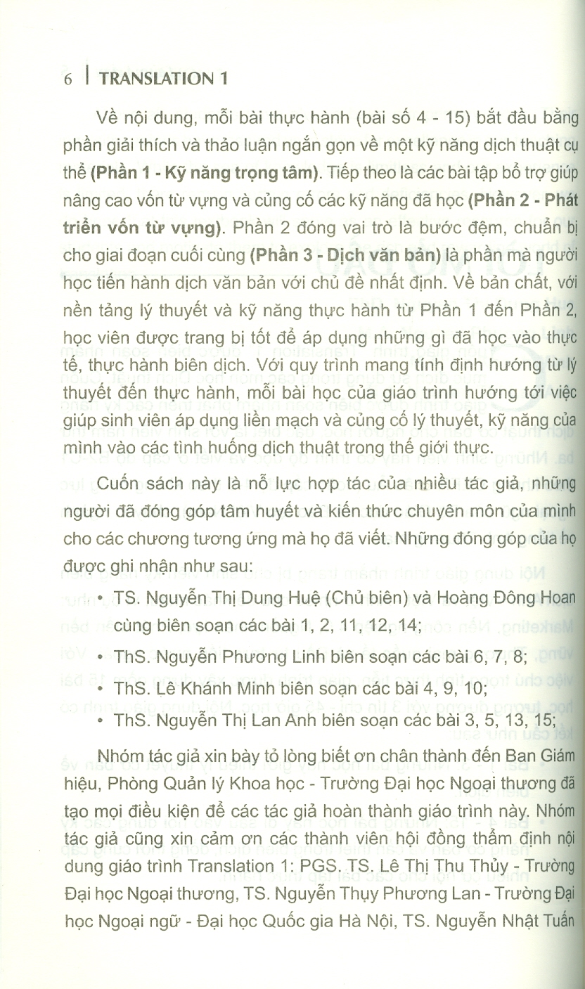 Translation 1 - Trường Đại học Ngoại Thương ; TS. Nguyễn Thị Dung Huệ chủ biên, ThS. Nguyễn Phương Linh, ThS. Lê Khánh Minh, ThS. Nguyễn Thị Lan Anh