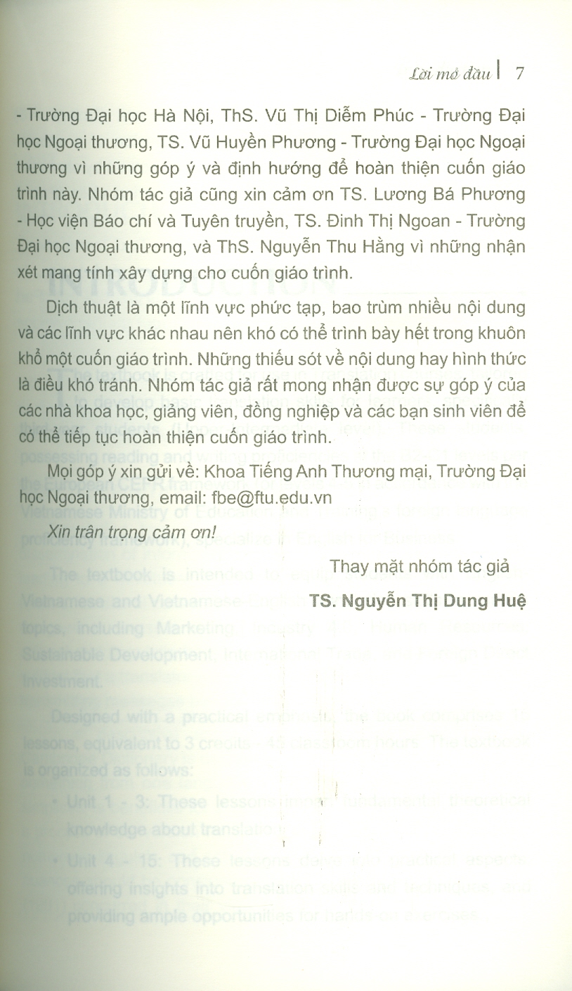 Translation 1 - Trường Đại học Ngoại Thương ; TS. Nguyễn Thị Dung Huệ chủ biên, ThS. Nguyễn Phương Linh, ThS. Lê Khánh Minh, ThS. Nguyễn Thị Lan Anh