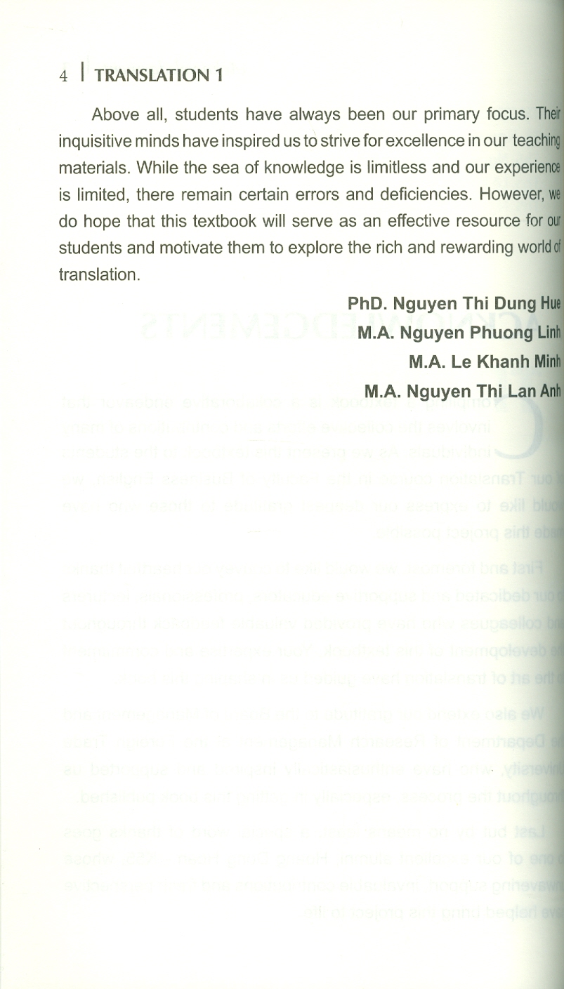Translation 1 - Trường Đại học Ngoại Thương ; TS. Nguyễn Thị Dung Huệ chủ biên, ThS. Nguyễn Phương Linh, ThS. Lê Khánh Minh, ThS. Nguyễn Thị Lan Anh