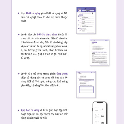 Sách 1001 Từ vựng tiếng Anh thông dụng cho kỳ thi Vstep (B1), IELTS (band 4.5), TOEIC 450, B1 Preliminary (PET), Aptis và cho học sinh trung học cơ sở, trung học phổ thông