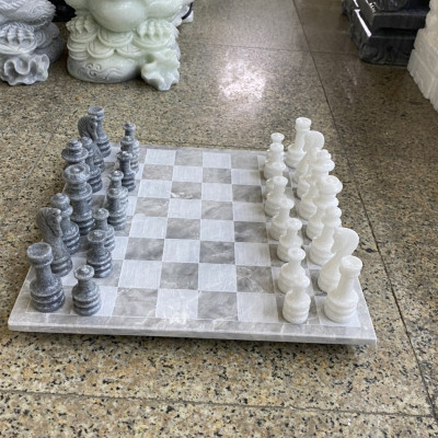 Bộ bàn cờ vua đá cẩm thạch trắng xám - Dài 30 cm