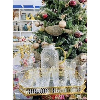 Bộ bình đựng nước uống thủy tinh vân sần cốc loe thấp kèm khay