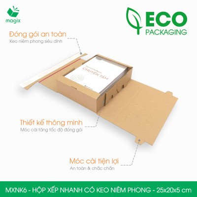MXNK6 - 25x20x5 cm - 20 hộp carton đóng hàng xếp nhanh có keo niêm phong - Hộp gói hàng, hộp quà