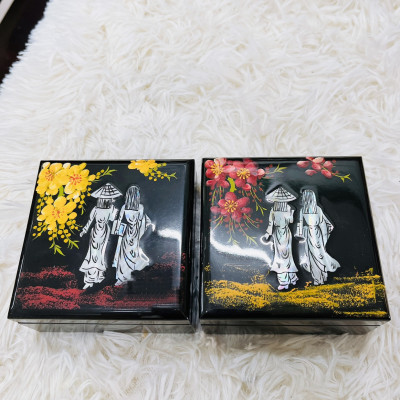 Loại 1-Hộp Đựng Đồ Trang Sức Bằng Gỗ Sơn Mài 10x10 cm Cẩn Ốc, Trứng Lót Vải Nhung Đỏ Sang Trọng