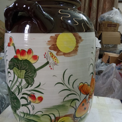 Hũ đựng rượu gạo gốm sứ Bát Tràng vẽ sen cá vàng loại 15L