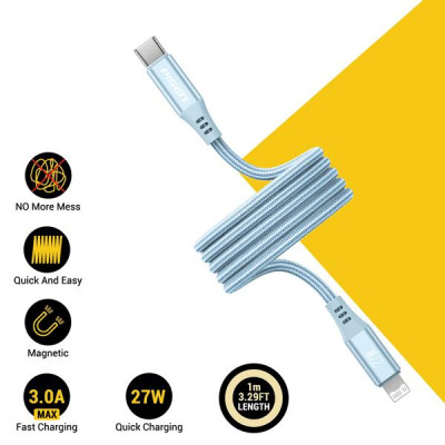 Cáp Sạc Nhanh Pisen Quick Magipi Magloop Lightning USB-C 27W 1m - Màu Xanh