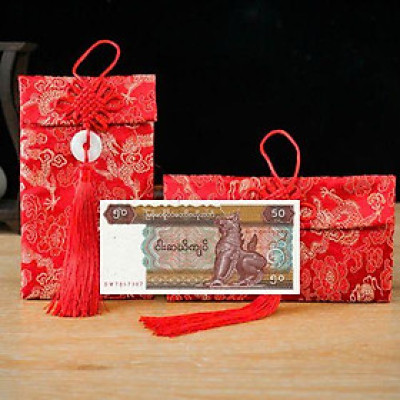 Túi gấm màu nâu con Lân loại 50 Myanmar sưu tầm, làm quà tặng