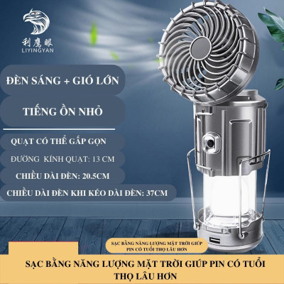 Đèn năng lượng mặt trời kèm quạt GSH9299 cầm tay sử dụng pin Lithium tiện dụng, tích điện 3 chức năng đèn pin, quạt và cổng đầu ra USB, chống nước đi cắm trại, dã ngoại - Hàng chính hãng