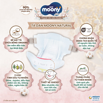 Tã/Bỉm dán organic siêu cao cấp Moony Natural Newborn 62+4 miếng