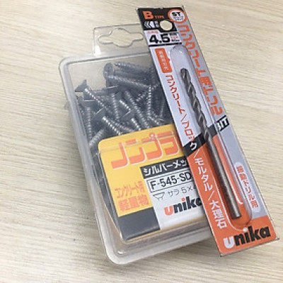 Combo Vít bê tông 5mm đầu bằng F545 & Mũi khoan bê tông 4.5mm đuôi kẹp Unika(Không cần tắc kê nhựa)